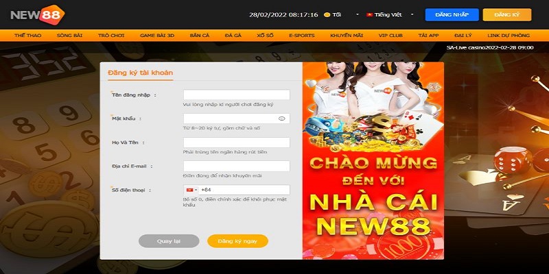 Điền thông tin đăng ký NEW88 vào các ô yêu cầu